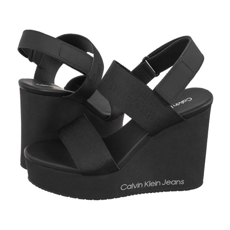 Calvin Klein Wedge Sandal Webbing In Mtl Black/Stormfront YW0YW01479 0GO (CK512-a) kingad