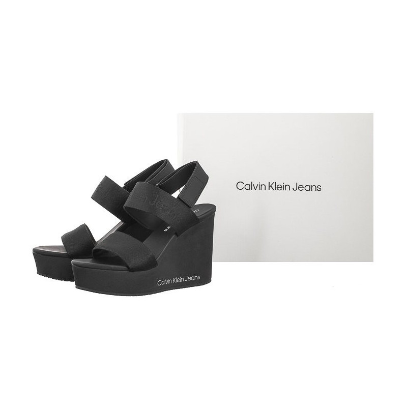 Calvin Klein Wedge Sandal Webbing In Mtl Black/Stormfront YW0YW01479 0GO (CK512-a) kingad